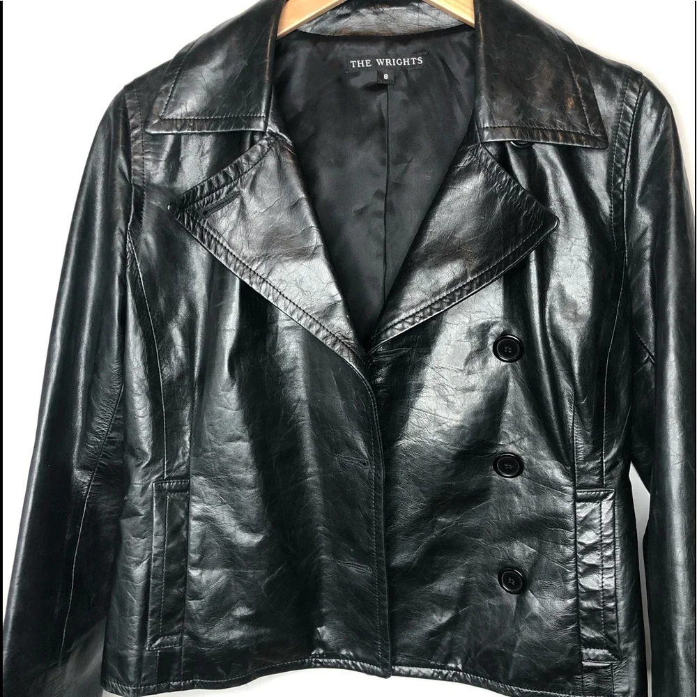 The Wrights Black Leather Double Breasted Jacket Moto Size 8 - Picture 13 of 13